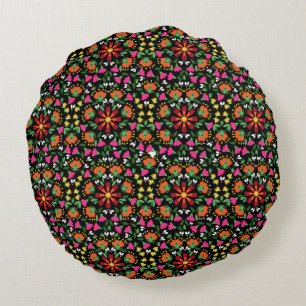 Boho Floral Sinaasappel Roze Zwart Groen Rond Kussen