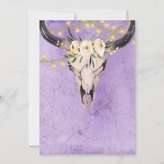 Boho Floral Skull and String Lights Paars Wedding Kaart (Achterkant)