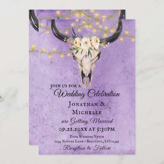 Boho Floral Skull and String Lights Paars Wedding Kaart (Voorkant / Achterkant)