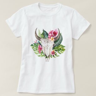 Boho Floral Skull Blauwgroen Tropisch eiland Parad T-shirt