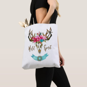 Boho Floral Skull Bohemian Flower Hippie Gift Bull Tote Bag