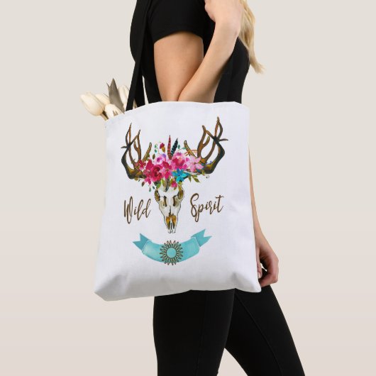 Boho Floral Skull Bohemian Flower Hippie Gift Bull Tote Bag (Dichtbij)