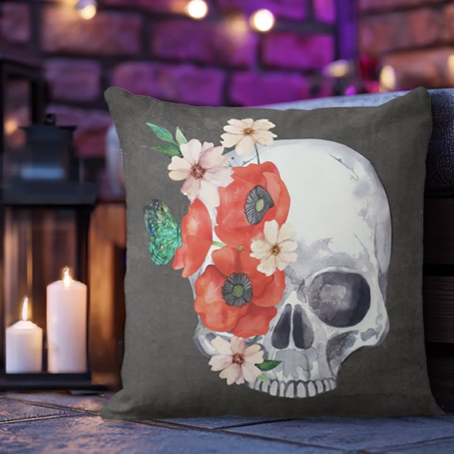 Boho Floral Skull Kussen (Floral Skull Throw Pillow)