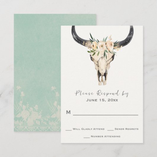 Boho Floral Skull met Light Turquoise Wedding RSVP Kaartje (Voorkant / Achterkant)