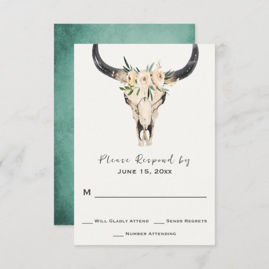 Boho Floral Skull op Turquoise Background Wedding RSVP Kaartje (Voorkant / Achterkant)