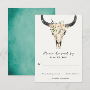 Boho Floral Skull op Turquoise Background Wedding RSVP Kaartje