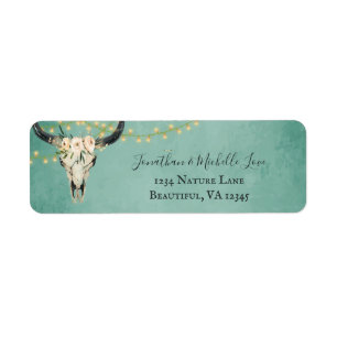 Boho Floral Skull, String Lights Turquoise Address Etiket
