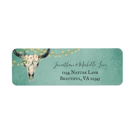 Boho Floral Skull, String Lights Turquoise Address Etiket (Voorkant)