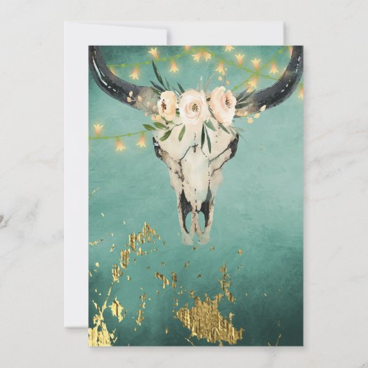 Boho Floral Skull, String Lights Turquoise Wedding Kaart (Achterkant)