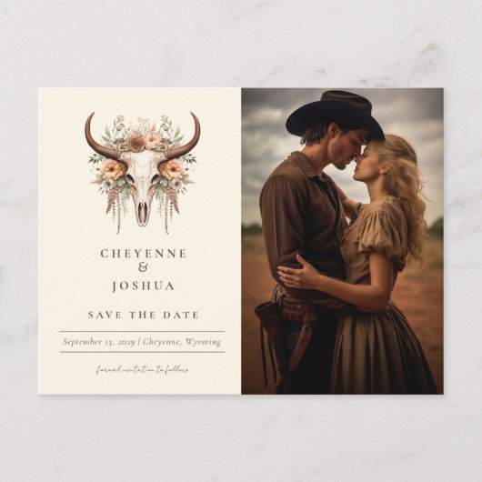 Boho Floral Skull Westerne bruiloft Save the Date Briefkaart (Voorkant)