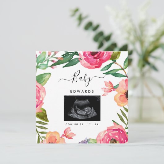 Boho Floral Sonogram Zwangerschap Aankondiging (Staand voorkant)