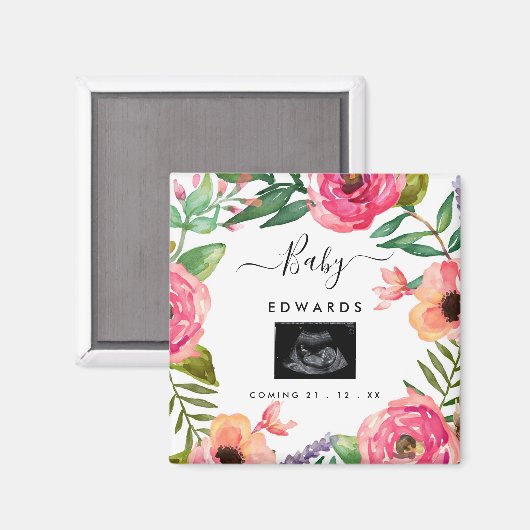 Boho Floral Sonogram Zwangerschap Aankondiging Magneet (Voorkant / Achterkant)