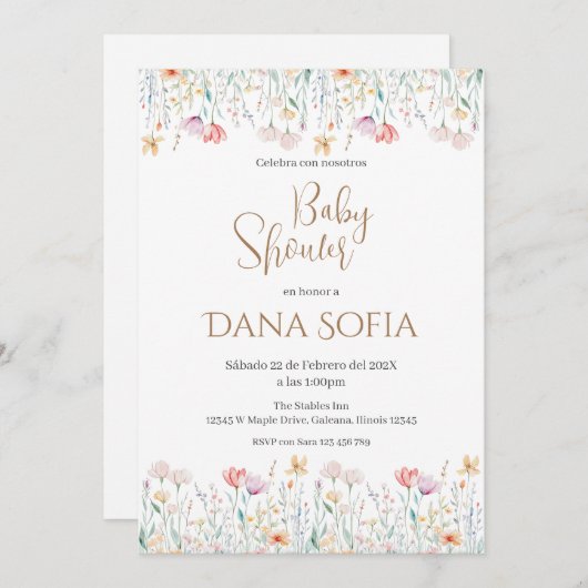 Boho floral Spaans Baby shower Meisje uitnodiging (Voorkant / Achterkant)