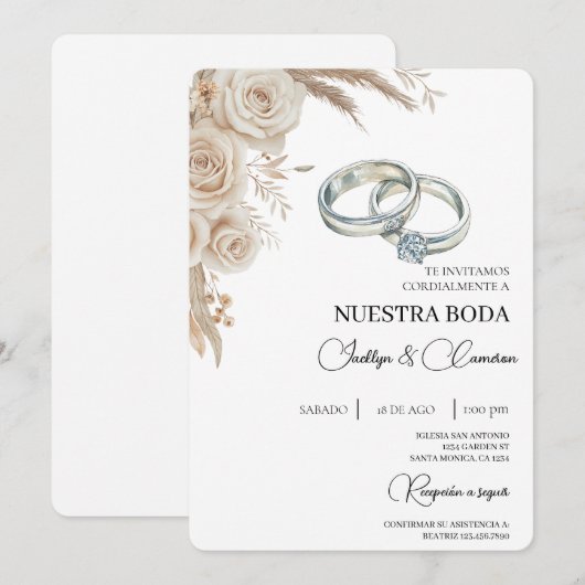 Boho Floral Spanish Wedding Invitation Kaart (Voorkant / Achterkant)