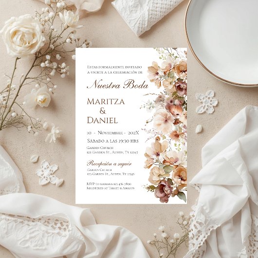 Boho Floral Spanish Wedding Invitation Kaart