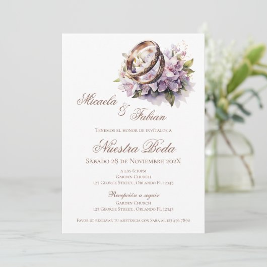 Boho Floral Spanish with ring Wedding Kaart (Staand voorkant)