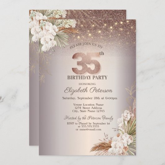 Boho Floral, String Lights Glitter 35e verjaardag Kaart (Voorkant / Achterkant)