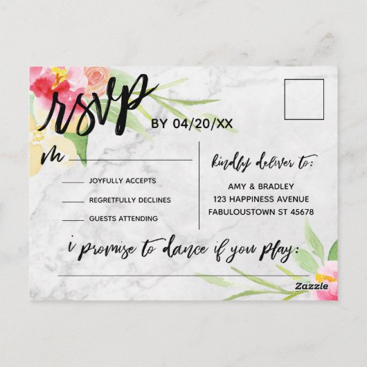 Boho Floral Subtle Marble Song Request RSVP Briefkaart (Achterkant)