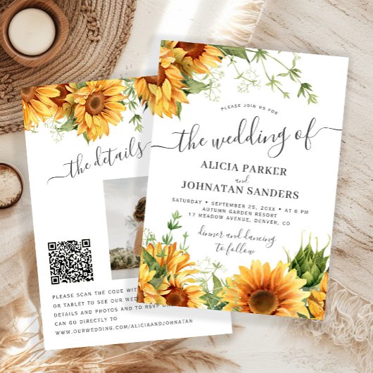 Boho floral sunflower black and white wedding kaart