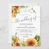 Boho floral sunflower black and white wedding kaart (Voorkant)
