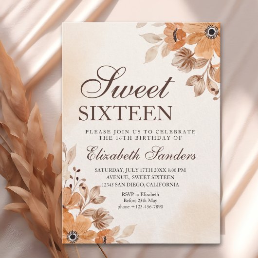 Boho Floral Sweet Sixteen Birthday  Kaart