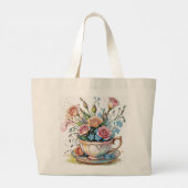 Boho Floral Teacup – Whimsical Flower Art Canvas t Grote Tote Bag (Achterkant)