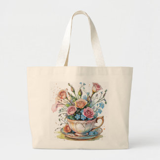 Boho Floral Teacup – Whimsical Flower Art Canvas t Grote Tote Bag
