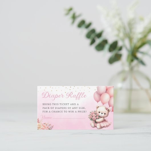 Boho Floral teddybeer Luier Raffle Baby shower Informatiekaartje (Staand voorkant)