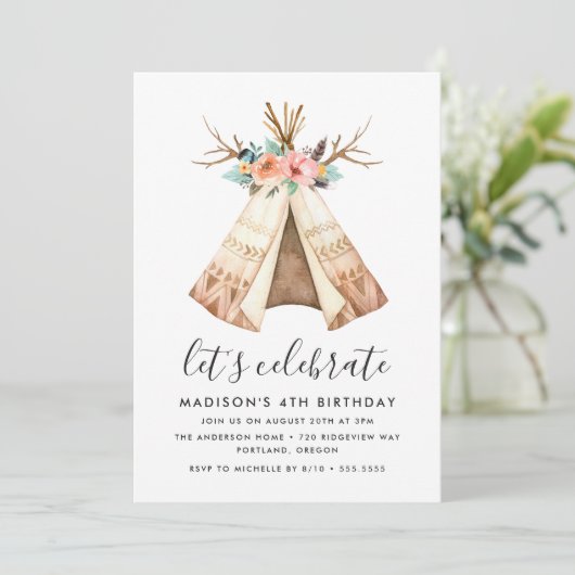 Boho Floral Teepee | Uitnodiging van de partij Bir (Staand voorkant)