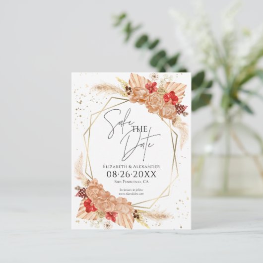 Boho Floral | Terracotta Bruiloft Save The Date Briefkaart (Staand voorkant)