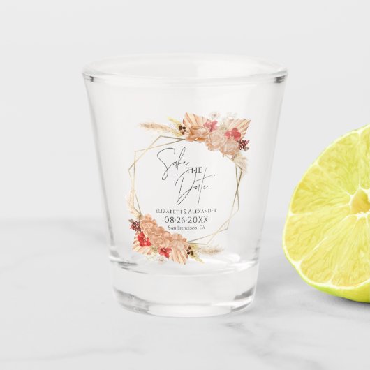 Boho Floral | Terracotta Bruiloft Save The Date Shot Glas (Voorkant)