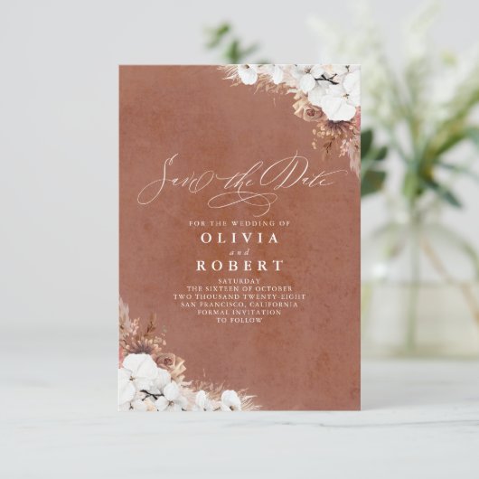 Boho Floral Terracotta Chic slaat de datum op Aankondiging (Staand voorkant)