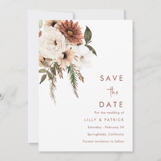 Boho Floral Terracotta Modern Wedding Save The Date (Voorkant)