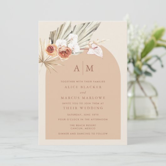 Boho Floral Terracotta Monogram Weddenschap Kaart (Staand voorkant)