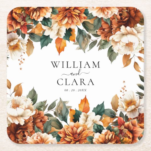 Boho Floral Terracotta Waterverf bruiloft Kartonnen Onderzetters (Voorkant)