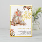 Boho Floral Tribal Teepee Girl Baby shower Folie Uitnodiging (Staand Voorkant)
