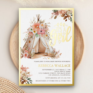 Boho Floral Tribal Teepee Girl Baby shower Folie Uitnodiging