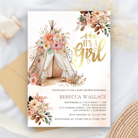 Boho Floral Tribal Teepee Girl Baby shower Kaart