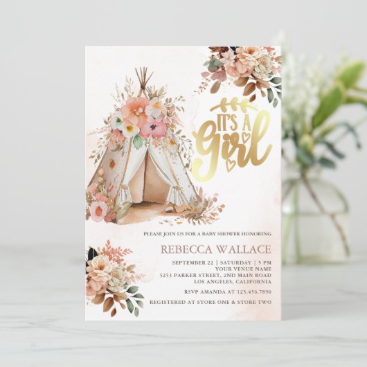 Boho Floral Tribal Teepee Girl Baby shower Kaart (Staand voorkant)