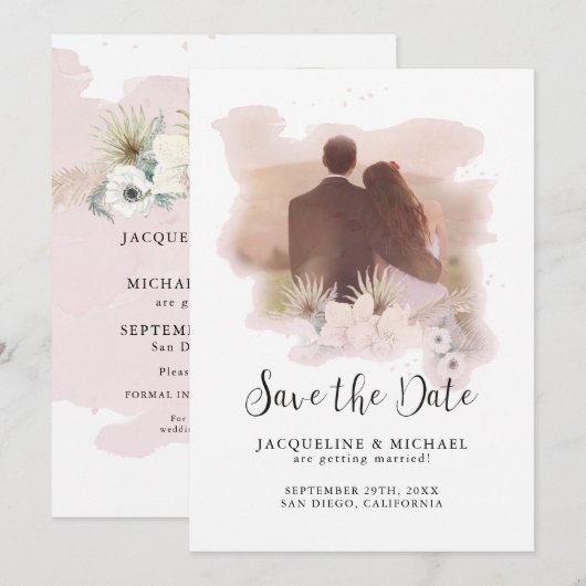 BOHO Floral Tropical Modern Script Palm Foto Save The Date (Voorkant / Achterkant)