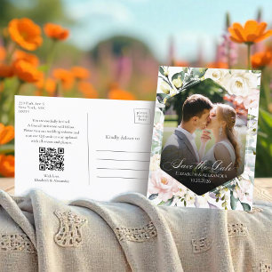 Boho Floral Trouwfoto QR-code De datums opslaan Briefkaart