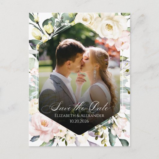 Boho Floral Trouwfoto QR-code De datums opslaan Briefkaart (Voorkant)