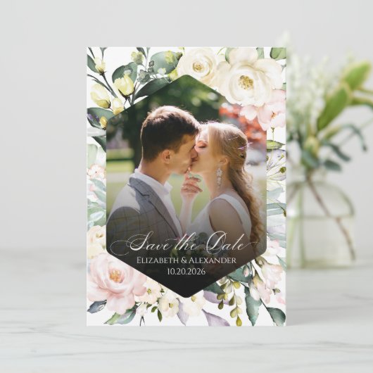 Boho Floral Trouwfoto QR-code De datums opslaan Kaart (Staand voorkant)