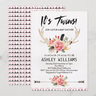 Boho Floral Twin Girls Baby shower Invitation Kaart