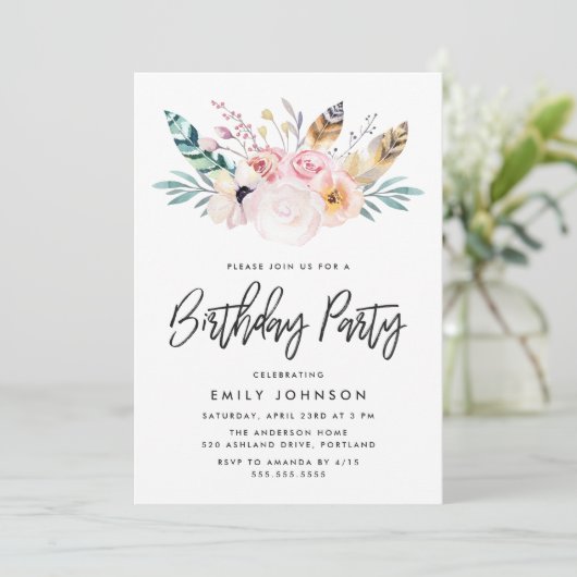 Boho Floral | Uitnodiging van de partij Birthday (Staand voorkant)