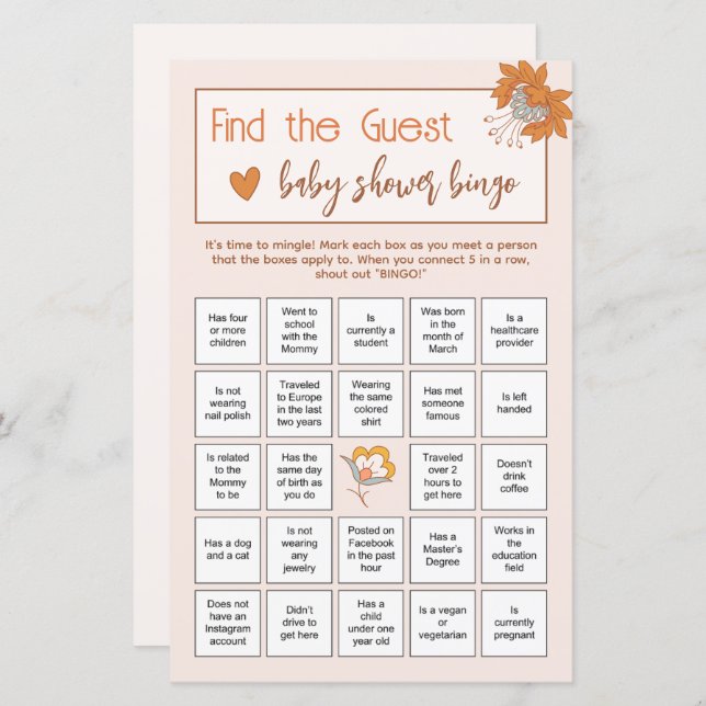 Boho Floral Vind de Gast Baby shower ijsbreker (Voorkant / Achterkant)