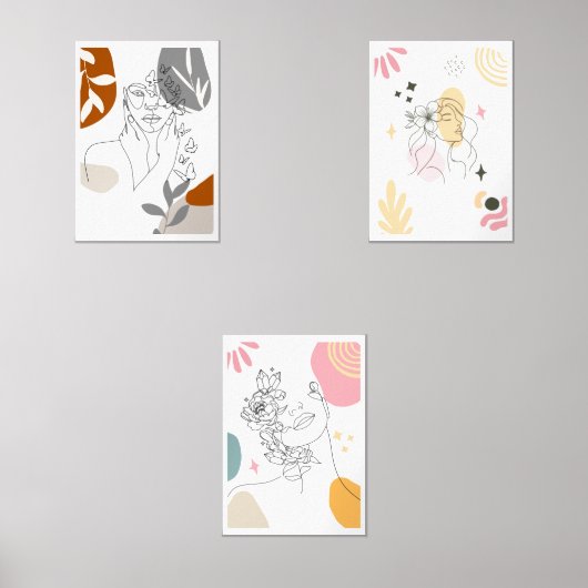 Boho Floral Vrouw Abstracte Lijn Kunst Muurkunst Sets (Voorkant)