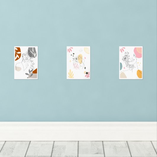 Boho Floral Vrouw Abstracte Lijn Kunst Muurkunst Sets (Houten vloer)