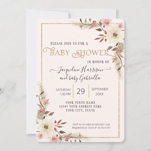 BOHO Floral Waterverf Elegant Baby shower Foto Kaart (Voorkant)