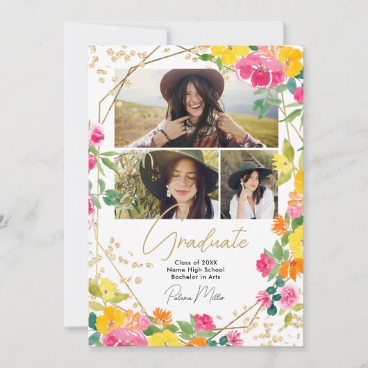 Boho Floral Waterverf Goud 3-Foto Afstuderen Aankondiging (Voorkant)